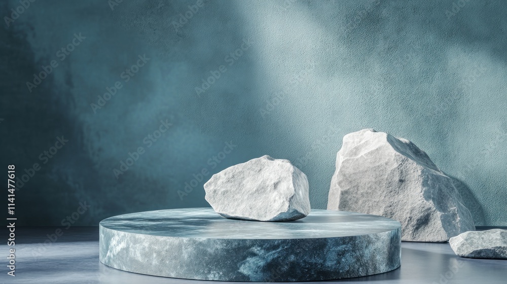 Poster a serene composition featuring rocks on a circular platform against a textured blue background.