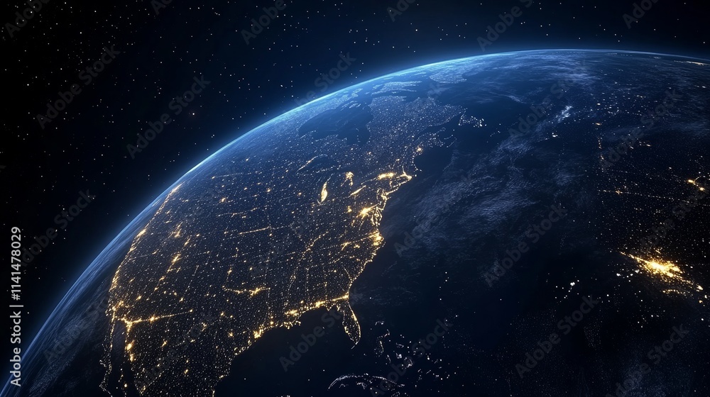 Poster night planet earth from space with light lines of communication and connection. business and finance