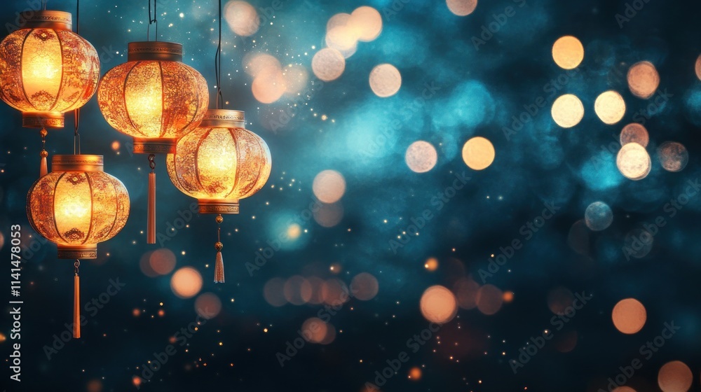 Poster a serene display of glowing lanterns against a blurred, sparkling background.