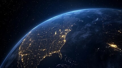 Fototapeta premium Night planet earth from space with light lines of communication and connection. Business and finance, concept. Global communications system and the World Wide Web. Technologies and communications.