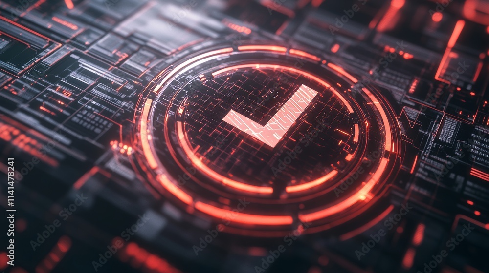 Poster a futuristic cyber security illustration featuring a digital shield with a check mark, surrounded by