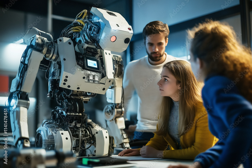Aufkleber innovative specialists collaborating with a humanoid robot in a modern workspace. generative ai