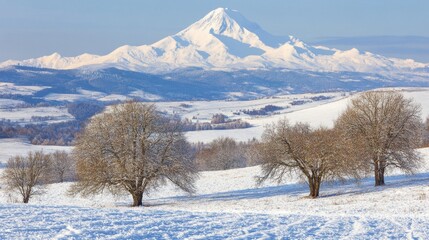Obraz premium Majestic Snow-Capped Mountain Surrounded by Leafless Trees in Winter Landscape