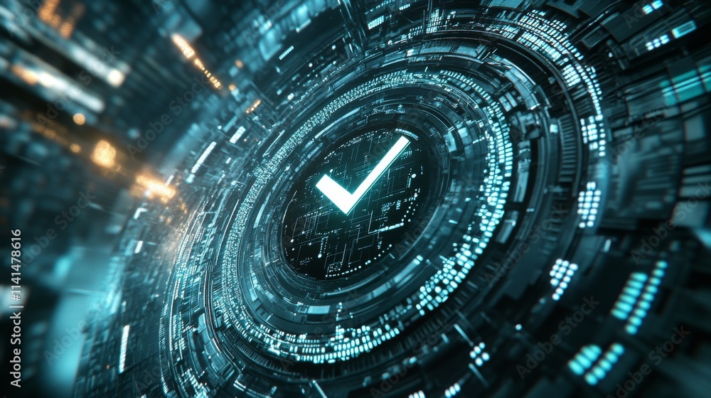 Poster a futuristic cyber security illustration featuring a digital shield with a check mark, surrounded by