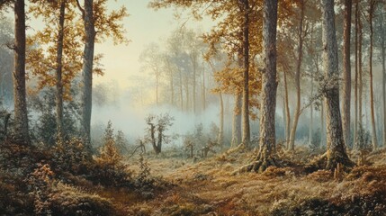 Fototapeta premium A serene forest landscape showcasing autumn foliage and misty ambiance.