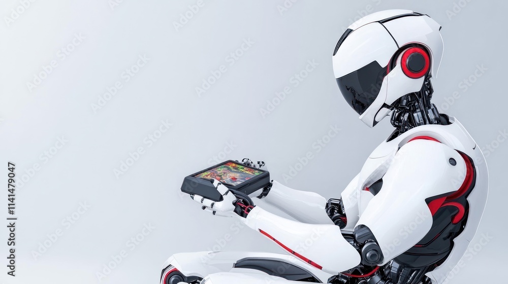 Poster a humanoid robot interacting with a digital device.