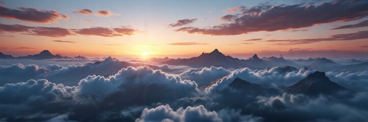 Rising sun peeks through the misty blue clouds of a dawn sky, dawn, mist