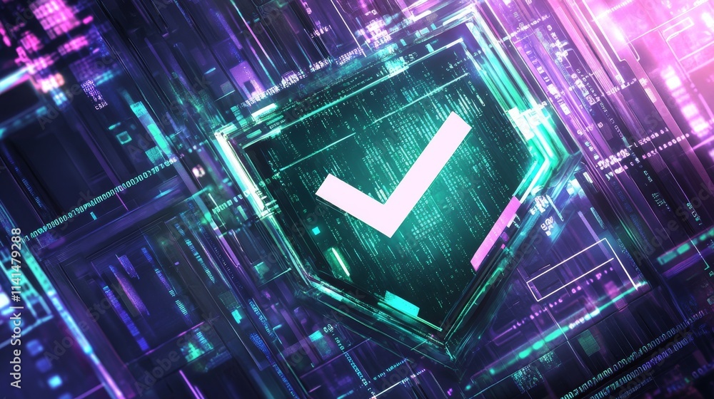 Poster a futuristic cyber security illustration featuring a digital shield with a check mark, surrounded by