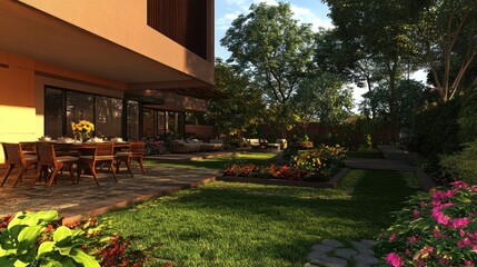 Obraz premium A serene garden with dining area and vibrant flowers, ideal for relaxation and gatherings.