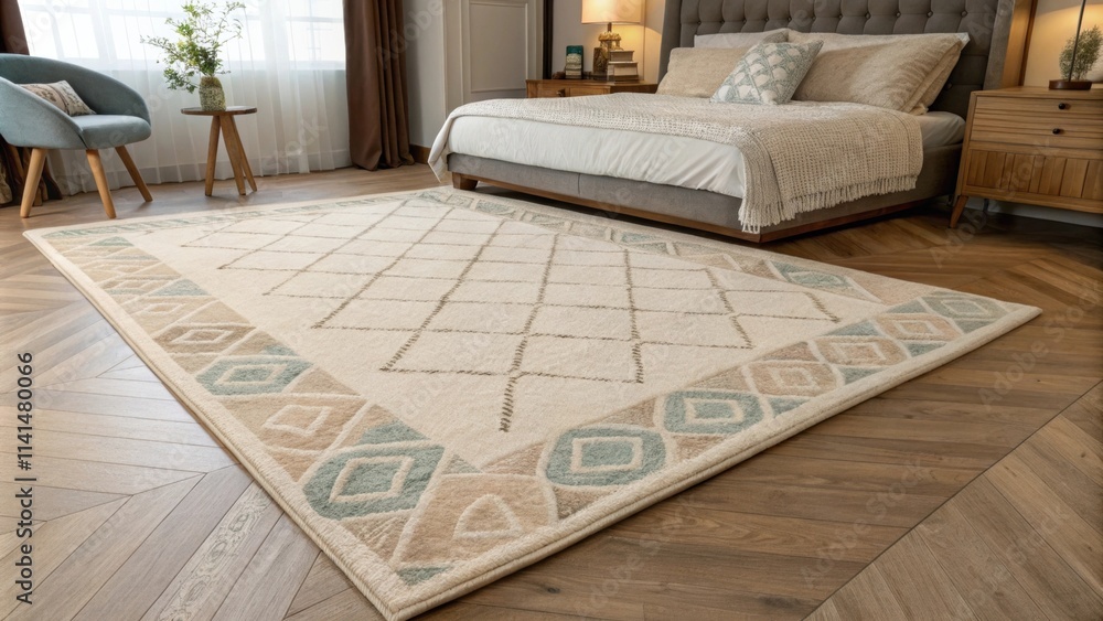 Poster a plush area rug featuring subtle geometric designs in soft shades anchors the space delineating the
