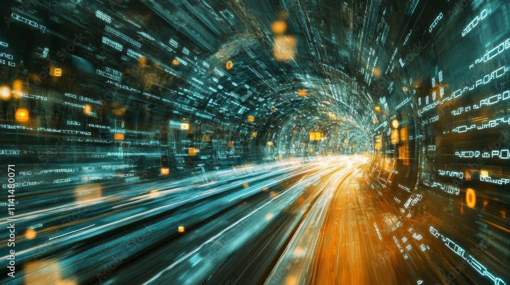 Poster digital data flow on road with motion blur to create vision of fast speed transfer . concept of futu