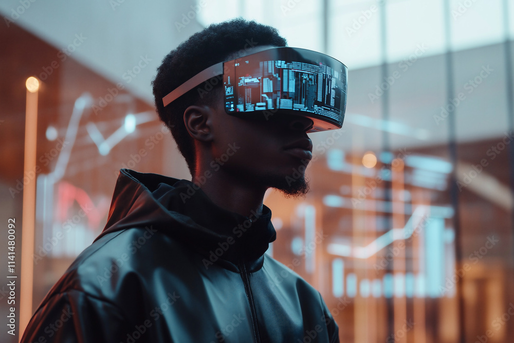 Poster young black data scientist explores augmented reality in a modern workspace. generative ai