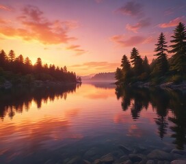 Fototapeta premium Serene lake with a stunning sunset in Cleveland Ohio, landscape, serene, lake