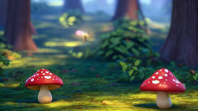 A pair of tiny cartoon mushrooms with smiling faces dance together on a plain forest floor background. A small firefly flits around them, adding a magical glow.