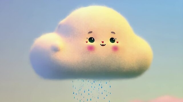 A cartoon-style baby cloud floats across a light blue sky, occasionally letting out soft sparkles of rain that fall in tiny heart shapes. The cloud has a smiling face and rosy cheeks.