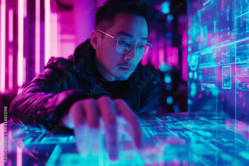 Poster east asian ai specialist immersed in digital innovation and coding skills. generative ai