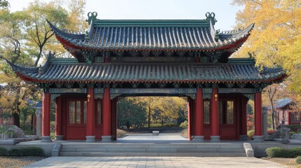 Obraz premium A traditional Asian architectural gate framed by autumn foliage, inviting exploration.