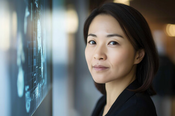 An insightful Asian IT specialist examines patient information displayed on digital screens
