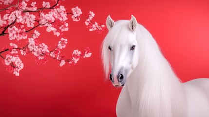 A majestic white horse beside pink cherry blossoms on a red backdrop.