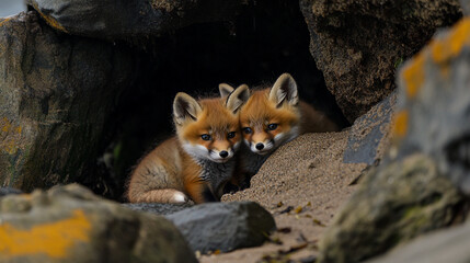 Three playful fox kits resting in rocky den on sandy beach during golden hour