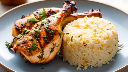 This beautifully captured food photograph features a simple yet stunning dish of perfectly grilled chicken paired with a bed of fragrant, fluffy rice.
