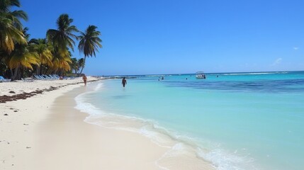 Serene Tropical Beach with Clear Waters and Palm Trees under Blue Sky