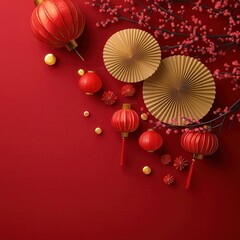 traditional decorations, paper fans, flowers, and lanterns, symbolizing joy, prosperity, and cultural celebration