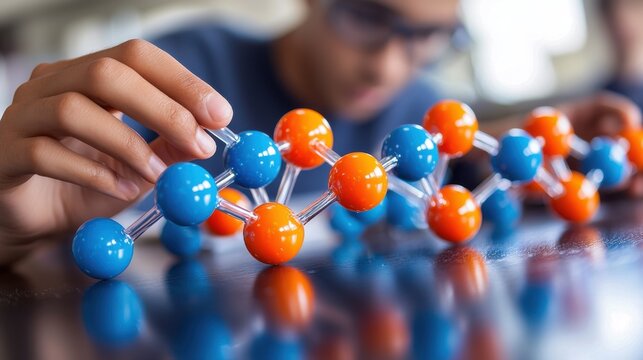 Student assembling a colorful molecular model in a science classroom, symbolizing education, chemistry, and hands-on learning in STEM subjects.