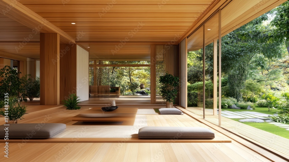 Poster a serene interior space with wooden elements and views of a lush garden.