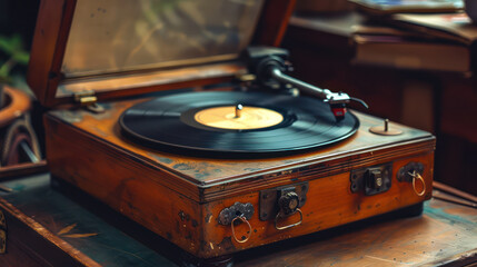 Vintage record player spinning vinyl record, evoking nostalgia and warmth