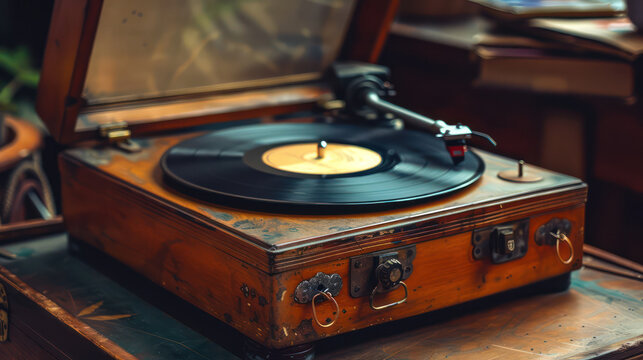 Vintage record player spinning vinyl record, evoking nostalgia and warmth