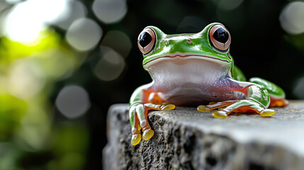 Fototapeta premium A vibrant green frog with glossy eyes perched on a textured surface, surrounded by a lush background, exudes charm and liveliness with its curious stance. 