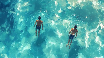 Two Men Swimming in a Blue Ocean, Summer Vacation