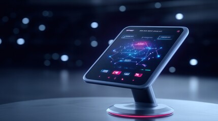 A futuristic touchscreen interface displaying data and analytics.