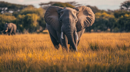 Fototapeta premium Majestic elephant roaming in golden grassland during sunset in African savannah
