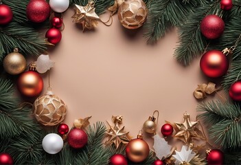 Christmas frame with pine branches, cones, decorations, and ornaments for the holiday season