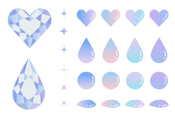 感情をイメージしたハートとドロップのイラストセット　キラキラ　ダイヤモンド　グラデーション