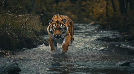 Obraz premium Tiger walking through a shallow stream in a forest during autumn
