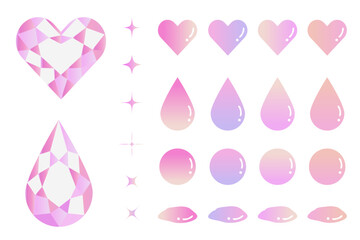 感情をイメージしたハートとドロップのイラストセット　キラキラ　ダイヤモンド　グラデーション