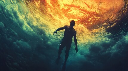 Obraz premium Underwater Silhouette: A Man in the Ocean's Embrace