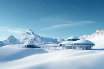 A prefabricated eco-friendly research station in a serene natural landscape, promoting sustainable innovation.