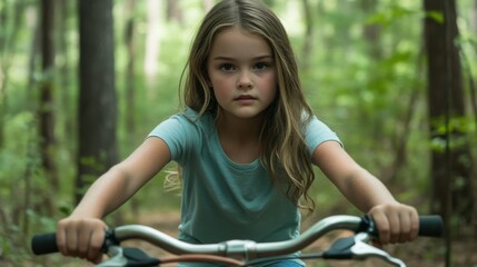 Obraz premium Young Girl Riding Bike in Lush Green Forest Surrounded by Nature