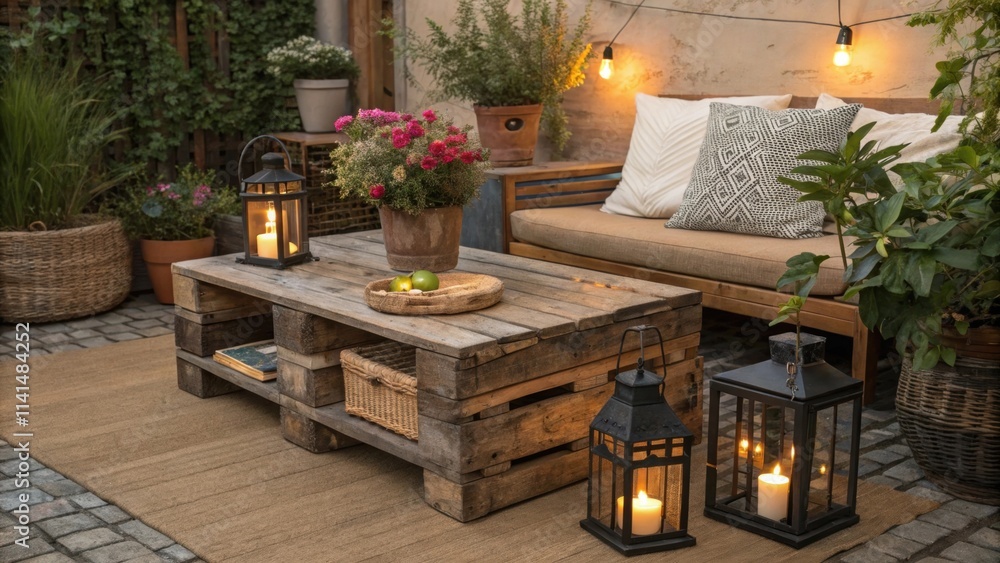 Poster a rustic wooden coffee table is nestled a the seating adorned with flickering lanterns and vibrant p
