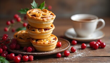 Delicious Mince Pies with Berries and Tea on Wooden Table