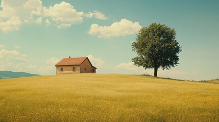 Fototapeta premium A serene landscape featuring a solitary house and a tree on a grassy hill under a blue sky.