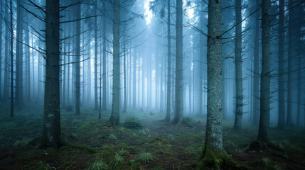 Obraz premium Mysterious fog envelops dense forest, creating an enchanting atmosphere