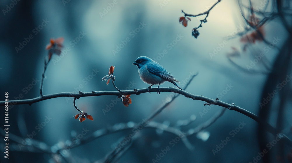 Poster bird perched on a branch surrounded by budding flowers in a serene forest setting during twilight ho