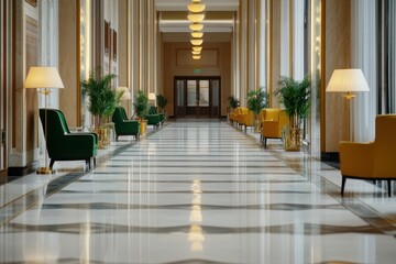 Fototapeta premium Elegant adjustable lighting enhances the ambiance of a luxurious hotel interior, creating a warm and inviting atmosphere.