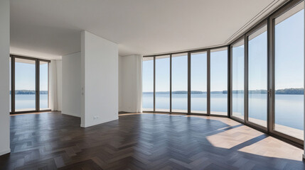 Obraz premium White empty room with parquet in modern apartment. Large windows overlooking the lake and no one inside