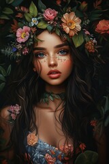 Fototapeta premium A beautiful woman adorned with flowers and leaves, exuding nature's charm in a lush garden setting during golden hour. Generative AI
